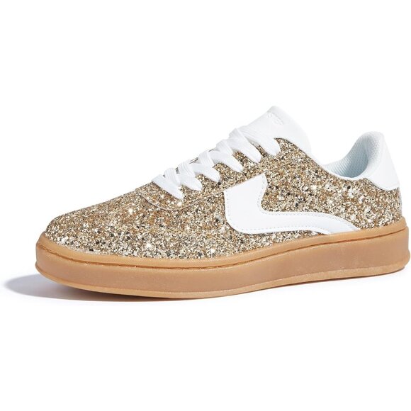 Lucky Step Women Gold White Sparkly Bling Shiny Dressy Bedazzled Bridal Sneakers - Picture 1 of 9